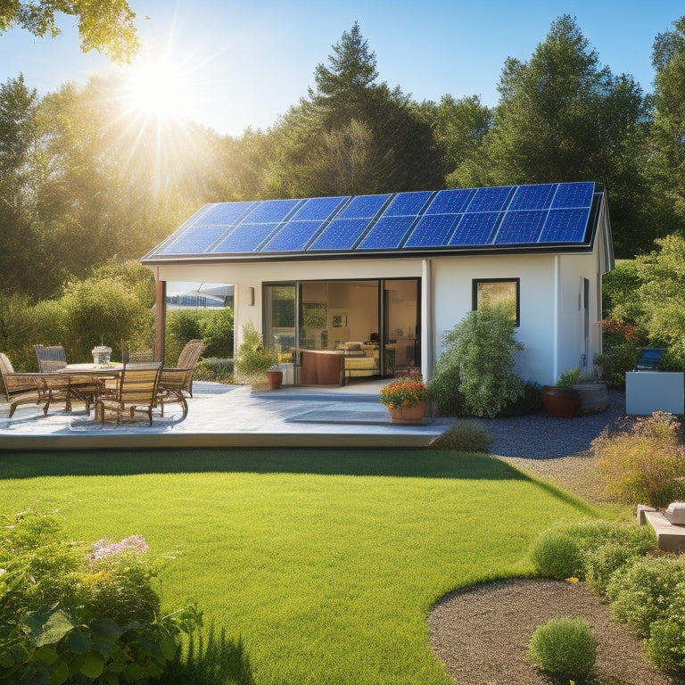 A sunlit backyard showcasing a solar panel battery kit, with sleek solar panels on a roof, a modern battery unit on the ground, surrounded by vibrant greenery and a clear blue sky, emphasizing renewable energy.