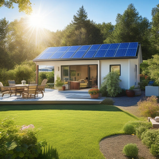 A sunlit backyard showcasing a solar panel battery kit, with sleek solar panels on a roof, a modern battery unit on the ground, surrounded by vibrant greenery and a clear blue sky, emphasizing renewable energy.