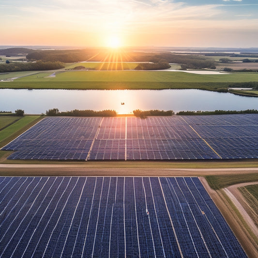 An aerial view of a sprawling solar farm with rows of photovoltaic panels, surrounded by lush green crops, with a meandering irrigation canal and a few scattered farmers tending to the land.