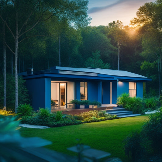 A serene, modern home surrounded by lush greenery, with a sleek, compact battery unit installed on the exterior wall, connected to solar panels on the roof, emitting a soft blue glow.