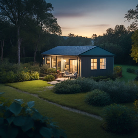 A serene, self-sufficient home at dusk, surrounded by lush greenery, with a subtle glow emanating from solar panels on the roof and a backup generator discreetly hidden behind a wooden fence.