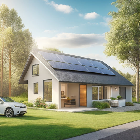 An illustration of a modern, eco-friendly home with solar panels on the roof, a wind turbine in the backyard, and a battery storage system in the garage, surrounded by lush greenery.