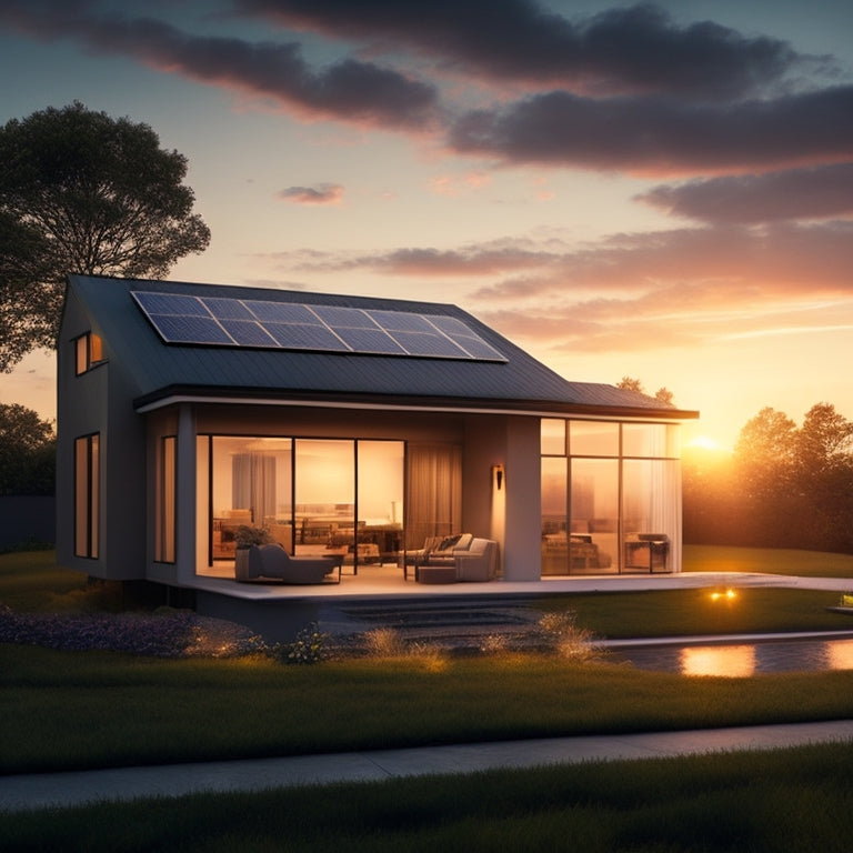 A serene, modern home at sunset with solar panels on the roof, a sleek energy storage system in the background, and a subtle glow emanating from the windows, symbolizing a sustainable future.