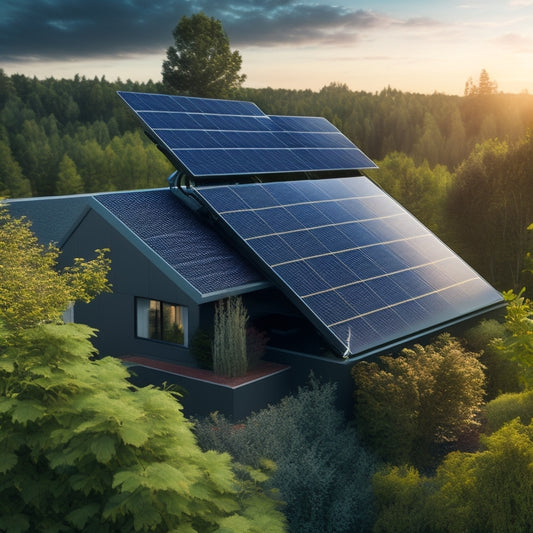 A photorealistic illustration of a rooftop solar panel array with a sleek, black battery bank in the foreground, connected by colorful wires and surrounded by lush greenery.