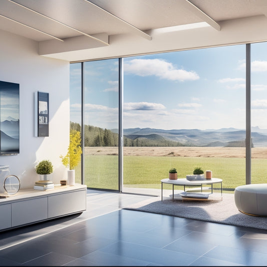 A futuristic home interior with sleek, modern furniture and a large window showcasing a sunny day. In the corner, a Tesla Powerwall and LG Chem RESU battery stand side by side.
