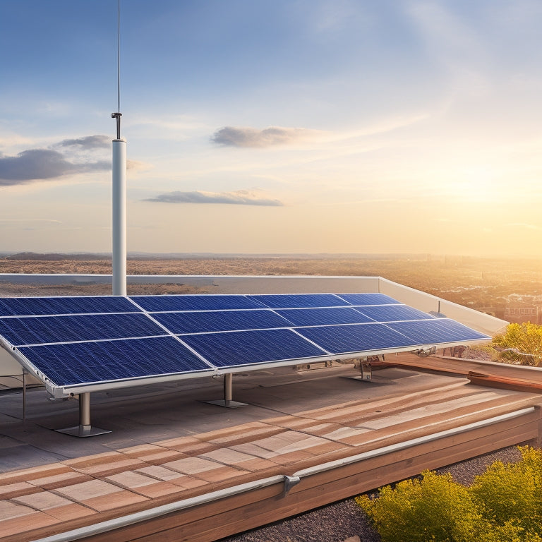 An illustration of a rooftop with multiple solar panels installed at different angles, showcasing various adjustable pole mounts, with a partially cloudy sky and a faint cityscape in the background.