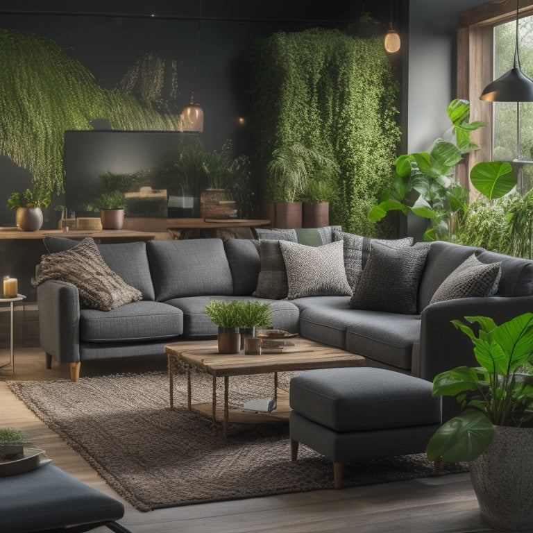 A serene living room with a lush green wall, illuminated by a string of warm, energy-efficient LED bulbs, surrounded by natural elements like potted plants and a reclaimed wood coffee table.