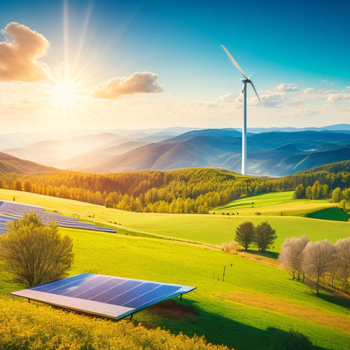 A vibrant landscape showcasing solar panels glistening under the sun, wind turbines spinning gracefully on rolling hills, and a lush green forest, all reflecting a harmonious balance of technology and nature in a clean, blue sky.