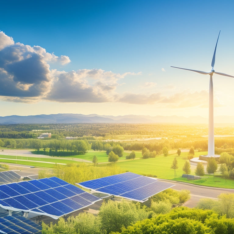 A vibrant landscape showcasing solar panels and wind turbines integrated into a modern city. Include sleek storage batteries, lush greenery, and a bright blue sky, emphasizing harmony between technology and nature.