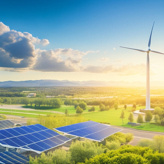 A vibrant landscape showcasing solar panels and wind turbines integrated into a modern city. Include sleek storage batteries, lush greenery, and a bright blue sky, emphasizing harmony between technology and nature.