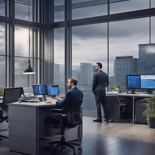 A modern office with sleek computers and bright lighting, showcasing a robust backup power generator outside. Cables connect seamlessly, while employees work confidently, undisturbed by stormy weather outside the large windows.