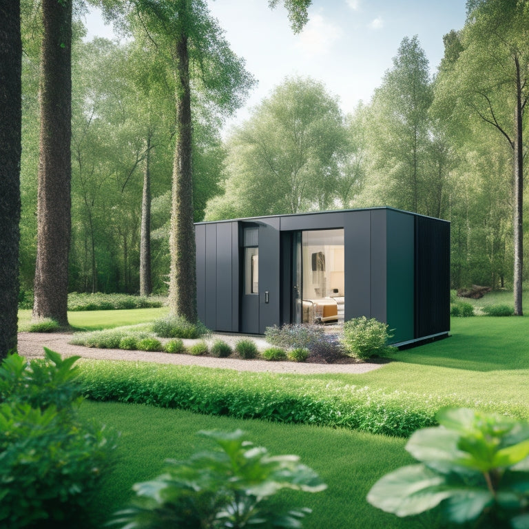 A modern, eco-friendly home with a sleek, wall-mounted battery storage system featuring a series of compact, rectangular units with a silver and black color scheme, surrounded by lush greenery.