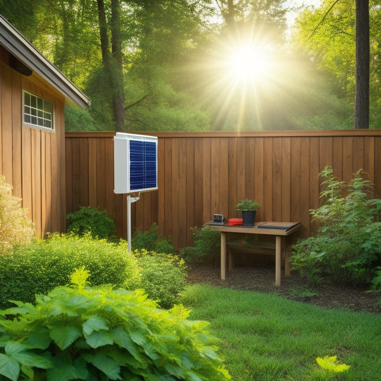 A serene backyard scene with a DIY solar kit installed on a wooden fence, surrounded by lush greenery, a few solar panels angled towards the sun, and a small, sleek inverter box nearby.
