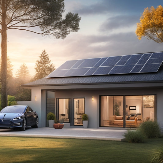 A photorealistic illustration of a sleek, modern home with solar panels on the roof, a Tesla Powerwall battery in the garage, and a subtle grid of circuitry and wires connecting them.