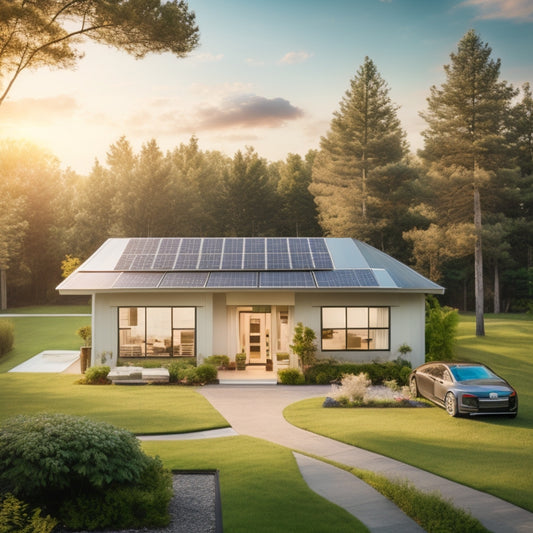 A serene suburban home surrounded by lush greenery, with a sleek solar panel array on the roof, a compact wind turbine in the backyard, and a futuristic energy storage unit near the garage.
