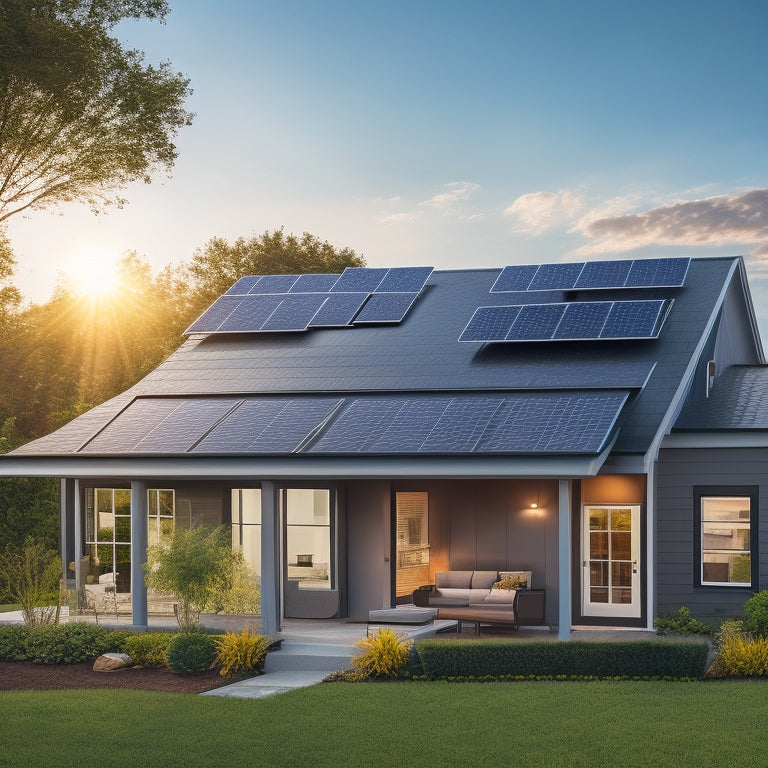 A sunny suburban home with a sleek, black solar panel array installed on the rooftop, angled towards the sky, with a few panels slightly tilted to showcase their adjustable design.