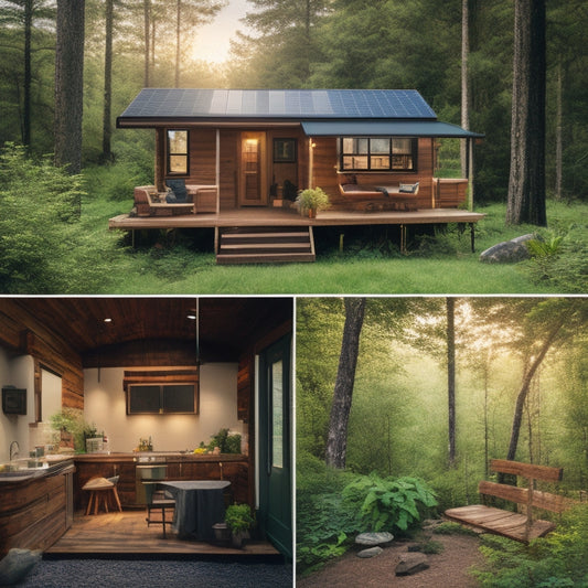 A serene off-grid cabin surrounded by lush greenery, with a solar panel roof, a rainwater harvesting system, and a patio featuring eco-friendly appliances like a composting toilet and a propane-powered refrigerator.