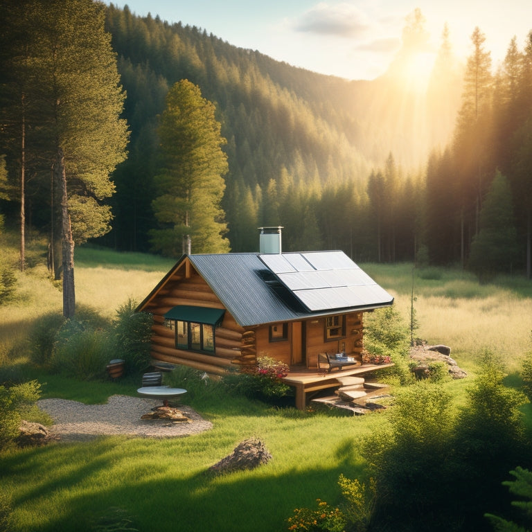A picturesque off-grid cabin surrounded by lush greenery, featuring solar panels on the roof, a wind turbine nearby, and a sunny sky overhead, highlighting the harmony of nature and sustainable energy.