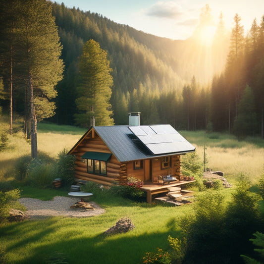 A picturesque off-grid cabin surrounded by lush greenery, featuring solar panels on the roof, a wind turbine nearby, and a sunny sky overhead, highlighting the harmony of nature and sustainable energy.