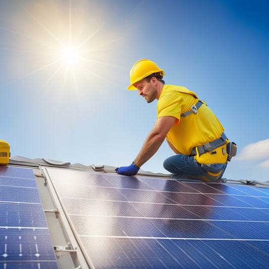 A photorealistic illustration of a roofer in a hard hat and harness, carefully securing a shiny solar panel to a residential roof, with a ladder and toolbox nearby, set against a clear blue sky.