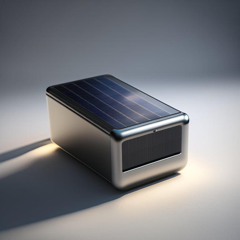 A photorealistic image of a sleek, modern solar battery bank with shiny black panels, silver connectors, and a subtle LED glow, set against a clean, minimalist background.