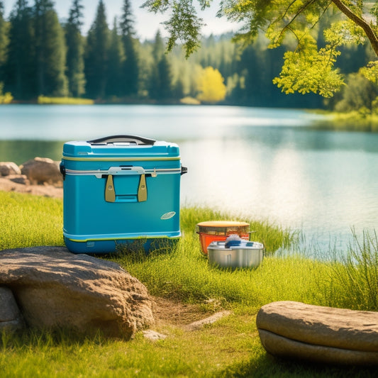 A serene outdoor scene featuring a colorful, rugged eco-friendly cooler surrounded by lush greenery, a sparkling lake, and camping gear. Sunlight filters through trees, reflecting off the cooler, evoking a sense of adventure.
