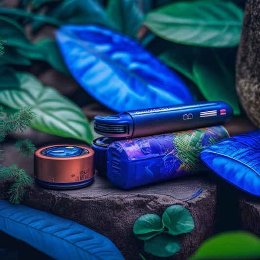 A close-up of various rechargeable batteries in vibrant colors, arranged on a wooden surface, with a glowing charger beside them, surrounded by lush green plants, conveying energy and sustainability.