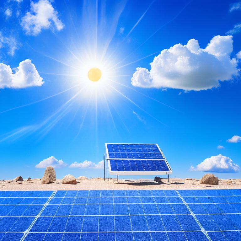 An illustration of a solar panel system with a battery in the center, surrounded by icons representing optimal temperature, depth of discharge, and charging cycles, set against a bright blue sky with fluffy white clouds.