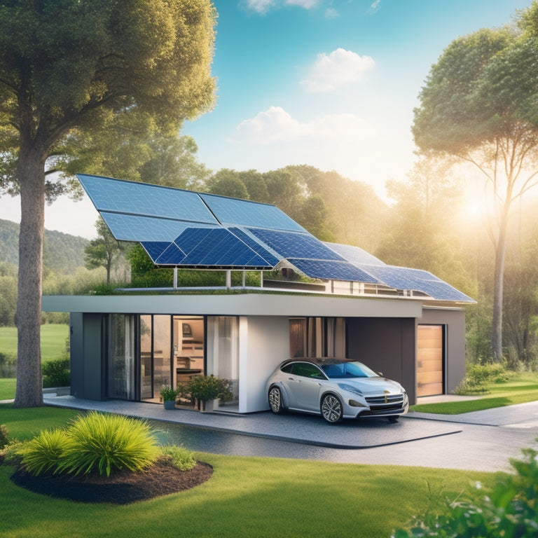 A futuristic illustration of a house with solar panels on the roof, a wind turbine in the backyard, and a sleek, modern battery system in the garage, surrounded by lush greenery.