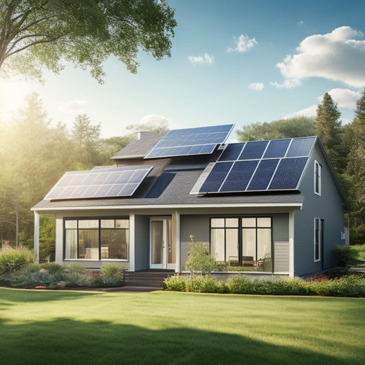 A serene suburban home with a sleek, black solar panel array on the roof, connected to a compact inverter and battery storage system, surrounded by lush greenery and a sunny blue sky.