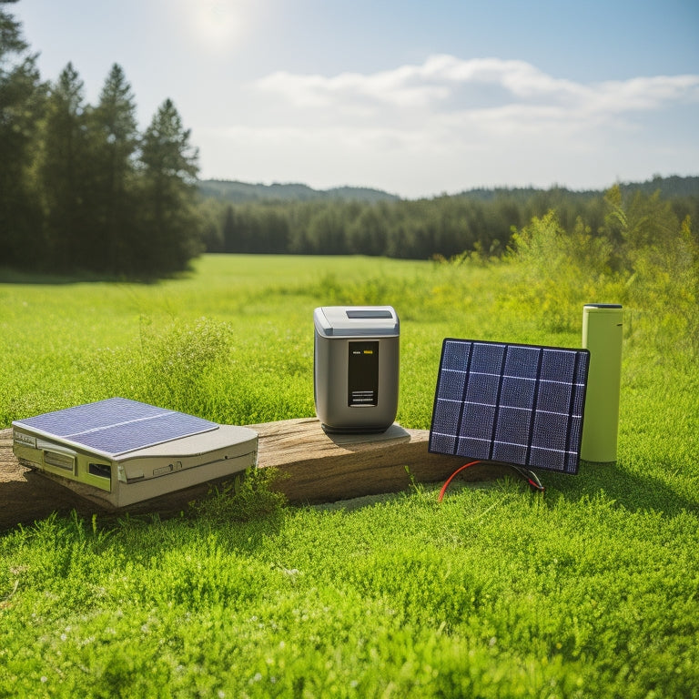 A serene outdoor setting with a compact, sleek portable solar battery system, comprising a foldable solar panel, a rugged battery pack, and a few connected devices, amidst lush greenery and a sunny sky.