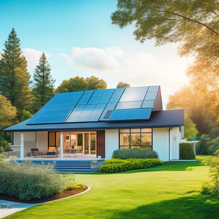 A serene suburban home with a sloping roof, covered in sleek black solar panels, amidst a backdrop of clear blue sky and lush green trees, with a few fluffy white clouds.
