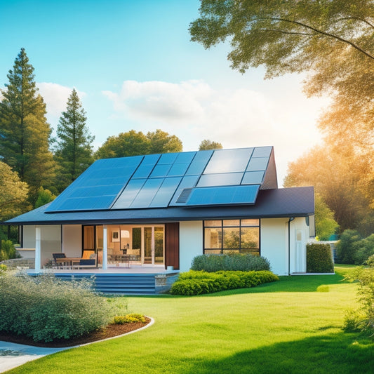 A serene suburban home with a sloping roof, covered in sleek black solar panels, amidst a backdrop of clear blue sky and lush green trees, with a few fluffy white clouds.