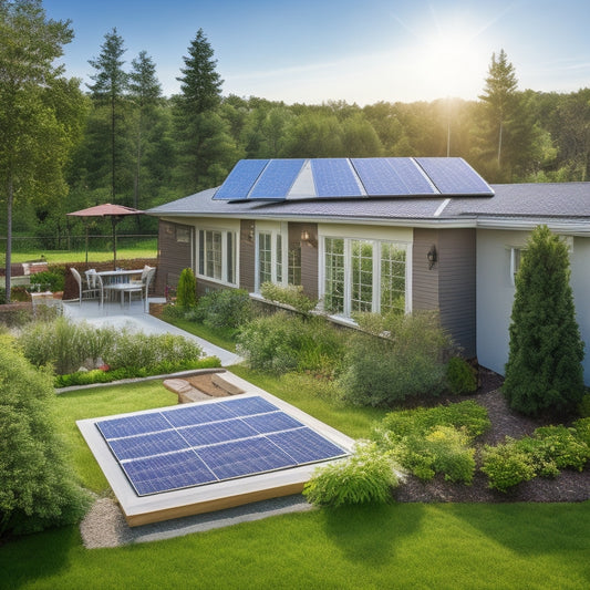 A sunny backyard with a modern, sleek rooftop solar panel installation, surrounded by lush greenery, with a subtle hint of a suburban neighborhood in the background.