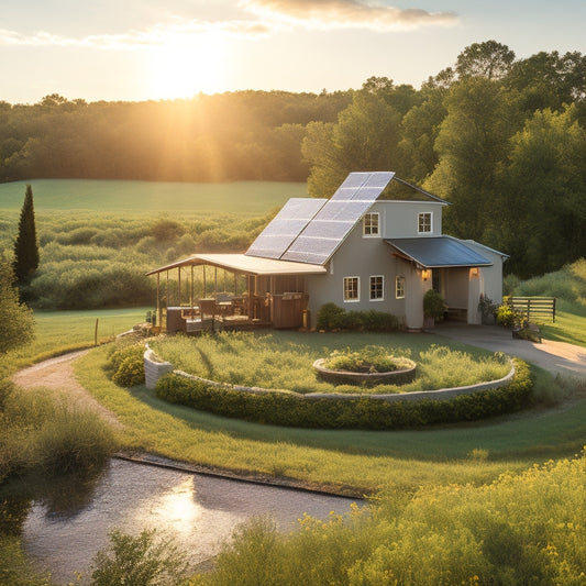 A serene, sun-kissed homestead surrounded by lush greenery, with a rustic windmill, solar panels, and a rainwater harvesting system, evoking a sense of self-sufficiency and independence.