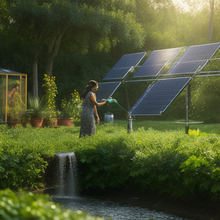 A serene outdoor scene featuring a solar panel array in the background, with a person gently watering the batteries with a hose, surrounded by lush greenery and a few droplets of water on the panels.