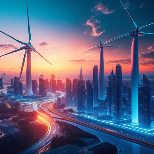 A futuristic illustration of a cityscape at sunset, with sleek, modern buildings and wind turbines in the background, featuring a large, glowing blue battery in the foreground, surrounded by swirling electrons and circuits.