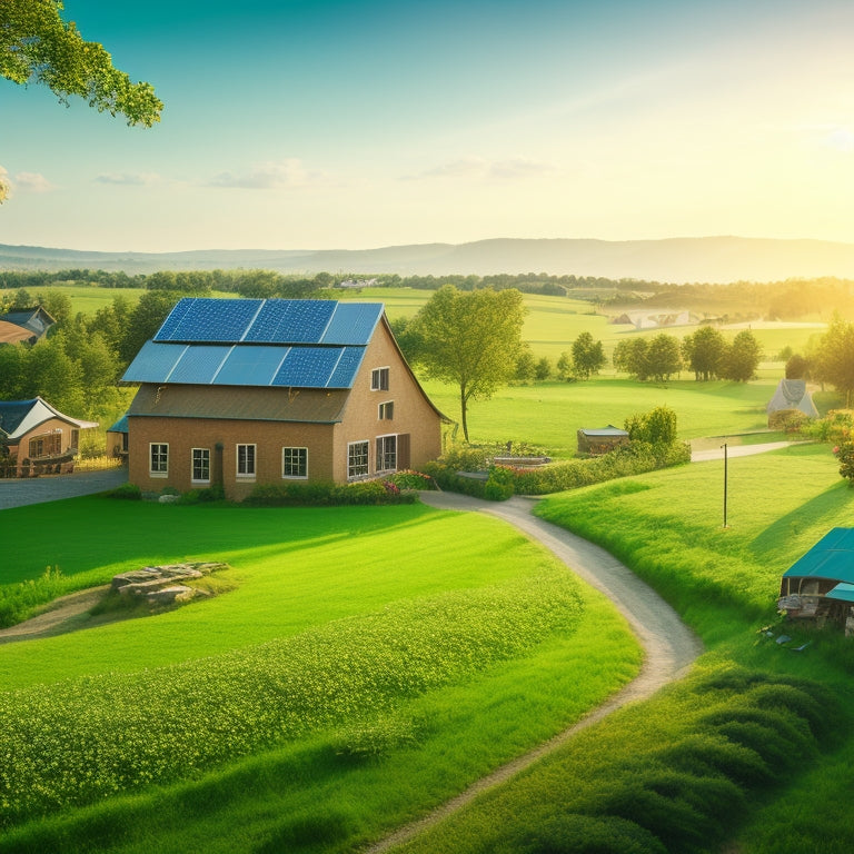 A serene, sun-kissed village surrounded by lush greenery, with wind turbines and solar panels integrated into the landscape, showcasing a harmonious blend of nature and renewable energy.