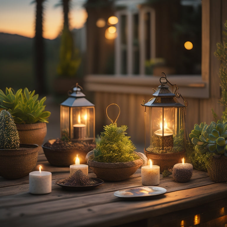 A cozy outdoor patio scene at dusk, featuring elegant solar-powered lanterns casting a warm glow on a rustic wooden table adorned with potted succulents and twinkling fairy lights strung above lush greenery.