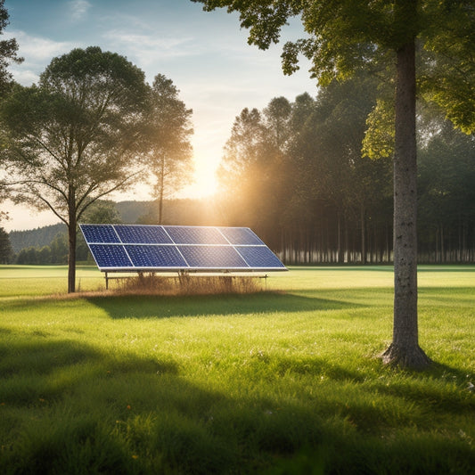 A serene rural landscape with a sleek, silver ground mount solar kit installed in the foreground, its panels angled towards the sun, surrounded by lush green grass and a few trees.