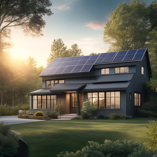 A serene suburban home with a sleek, black solar panel array on the roof, surrounded by lush green trees, with a subtle sunburst in the background, casting a warm glow.