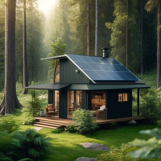A serene off-grid cabin surrounded by lush greenery, with a rooftop solar panel array and a outdoor battery bank enclosure, connected by sleek black cables and wires.