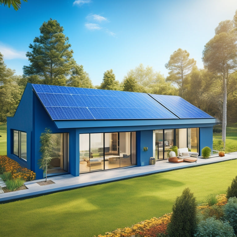 A modern, sleek, single-story house with a solar power roof, featuring dark blue photovoltaic panels arranged in a staggered pattern, surrounded by a lush green garden and a bright blue sunny sky.