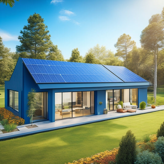 A modern, sleek, single-story house with a solar power roof, featuring dark blue photovoltaic panels arranged in a staggered pattern, surrounded by a lush green garden and a bright blue sunny sky.
