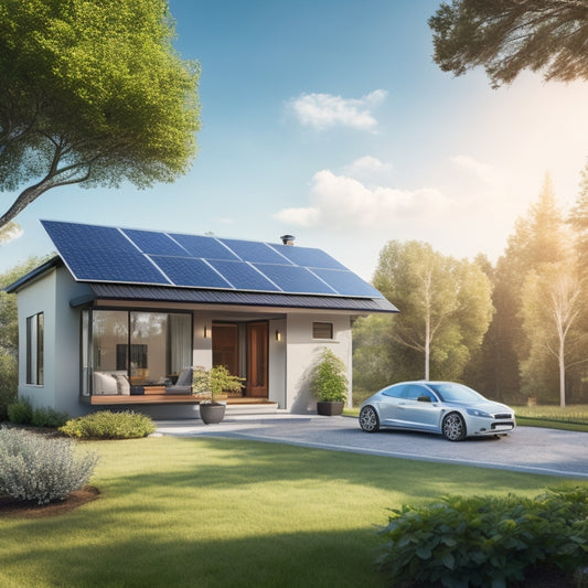A serene, modern home with solar panels on the roof, a wind turbine in the backyard, and a sleek electric car in the driveway, surrounded by lush greenery and a bright blue sky.