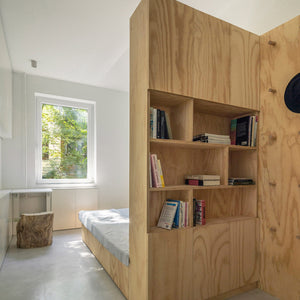 Multifunctional plywood structures that create spaces for sleeping, storage and drinking tea feature in this compact apartment in Beijing designed by Rooi.
