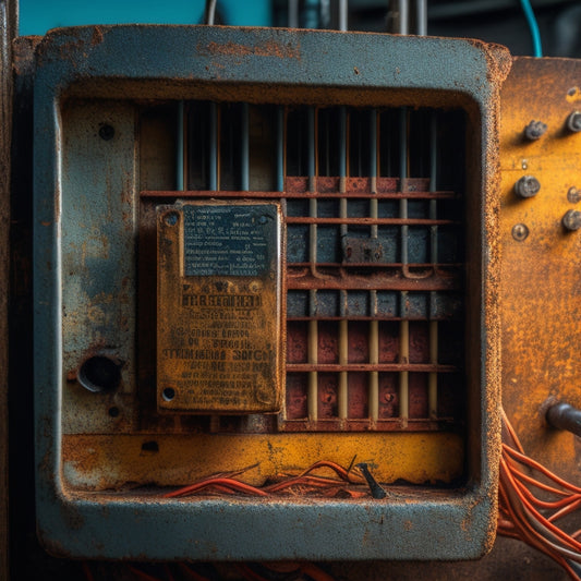 A close-up of a worn-out electrical panel with frayed wires, rusty screws, and a cracked circuit breaker, juxtaposed with a clean and well-maintained panel in the background.