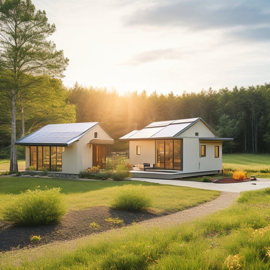 A serene, modern homestead surrounded by lush greenery, featuring a compact, solar-powered cabin with a living roof, wind turbine, and rainwater harvesting system, set against a bright, sunny sky.