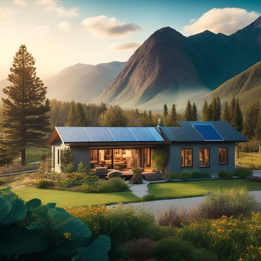 A serene off-grid home surrounded by lush nature, featuring solar panels on the roof, a wind turbine nearby, and a cozy garden. Soft sunlight illuminates a battery storage system, with mountains in the background.