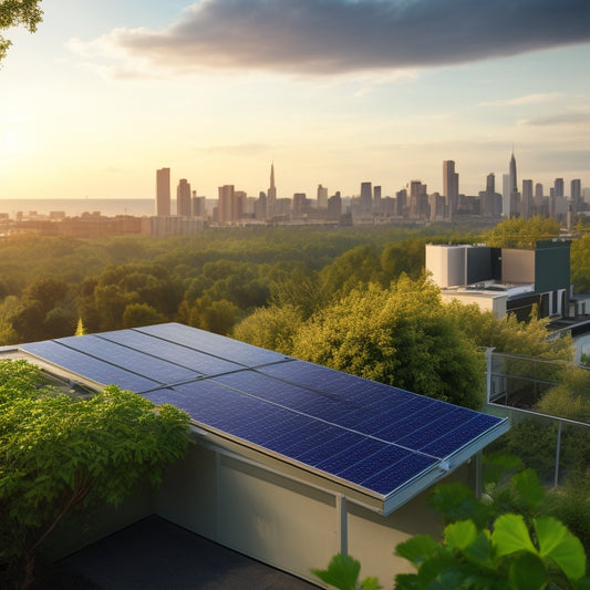 A serene rooftop scene with a modern solar panel array and a sleek battery storage unit, surrounded by lush greenery, with a subtle cityscape in the background.